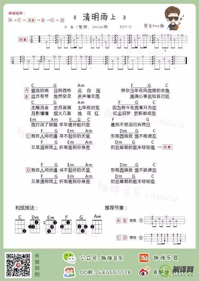 清明雨上吉他谱,原版歌曲,简单C调弹唱教学,六线谱指弹简谱1张图